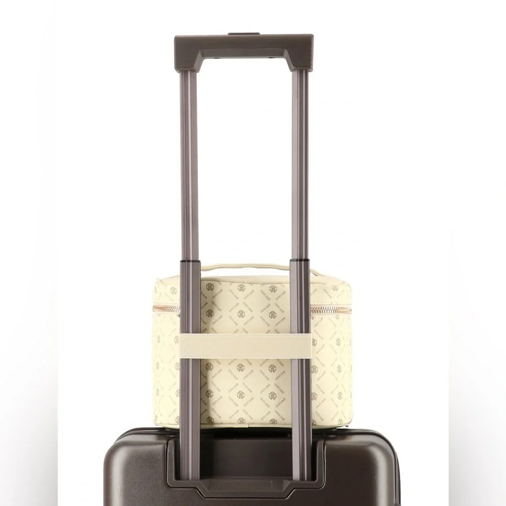 NEW Roberto Cavalli Monogram Cream Cosmetic Toiletry Bag Train Case